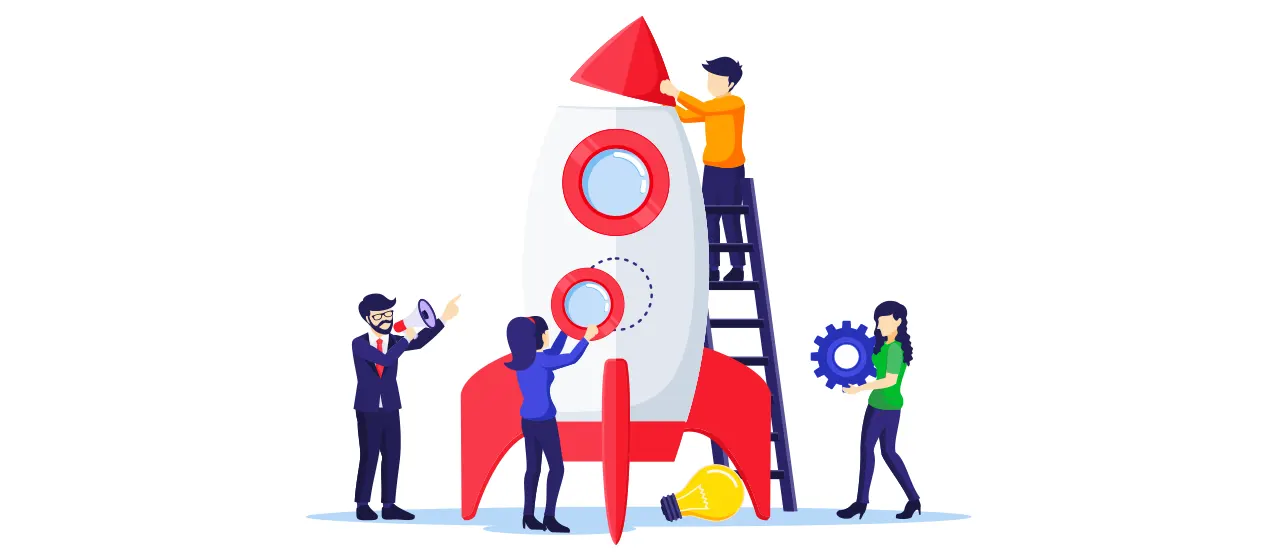 Von-der-Idee-zur-Existenzgründung Grafik: Von der Idee zur Existenzgründung - Zwei Frauen und zwei Männer arbeiten am Aufbau einer Rakete.