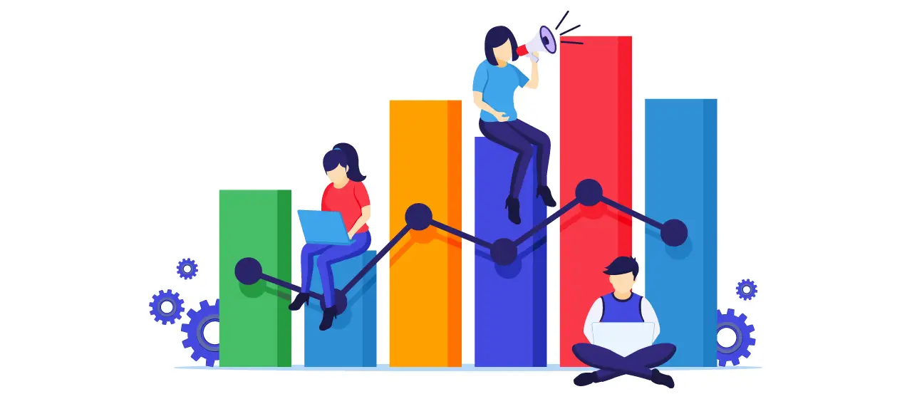 18_geschaeftsmodell-businessplan-marketing Illustration von großen, miteinander verbundenen Zahnrädern, an denen verschiedene Personen arbeiten